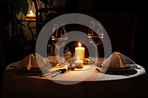 romantic candlelit dinner for two on a white tablecloth
