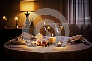 romantic candlelit dinner for two on a white tablecloth