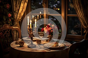 Romantic candlelit table with a candles and flowers by Generative Ai