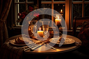 Romantic candlelit table setting for two with a candles and flowers by Generative Ai