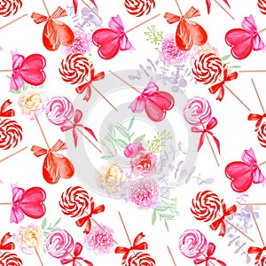 Romantic candy with flowers watercolor seamless vector print