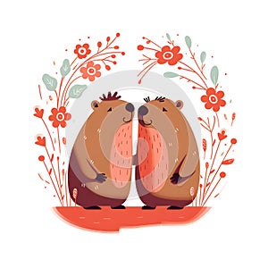 Romantic Capybaras Surrounded by Floral Design.