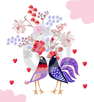 Romantic card with couple of cute cartoon birds with hearts and bouquet of garden flowers isolated on white background.