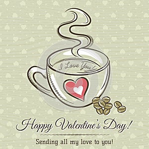Romantic card with cup of hot drink and wishes text