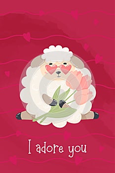 Romantic card with enamored cute sheep with bouquet of tulips. Vector illustration in cartoon flat style. vertical