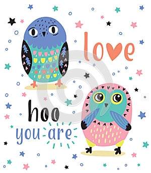 Romantic card with two cute owls. Love hoo you are photo