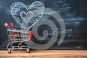 Romantic cart Heart doodles accompany small shopping cart on blackboard backdrop