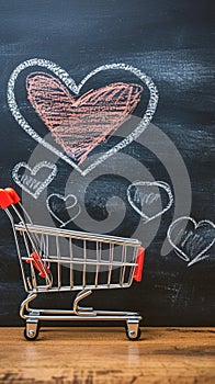 Romantic cart Heart doodles accompany small shopping cart on blackboard backdrop