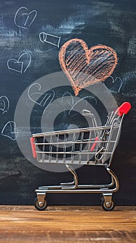 Romantic cart Heart doodles accompany small shopping cart on blackboard backdrop