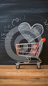 Romantic cart Heart doodles accompany small shopping cart on blackboard backdrop