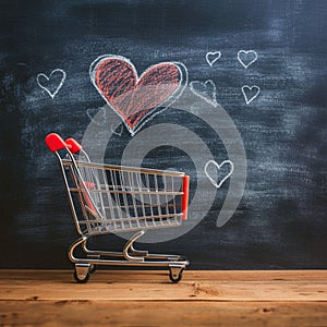 Romantic cart Heart doodles accompany small shopping cart on blackboard backdrop