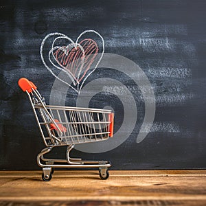 Romantic cart Heart doodles accompany small shopping cart on blackboard backdrop