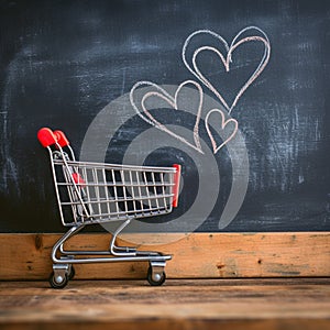 Romantic cart Heart doodles accompany small shopping cart on blackboard backdrop