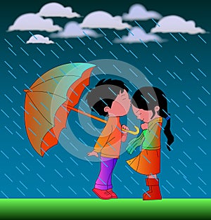 `Romantic Cartoon Couple In Rain` Vector illustration
