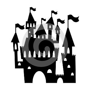 Romantic castle black silhouette. Fairy tale palace vector illustration on white background. Castle silhouette