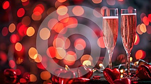 Romantic celebration with champagne flutes and red hearts. elegant toasting at a festive event captured close up