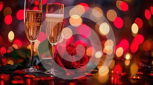 Romantic celebration with champagne and red rose, perfect for valentine's day. intimate atmosphere. ideal for