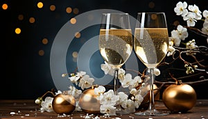 Romantic celebration champagne, wine, decoration, drinking glass, table, background generated by AI