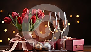 Romantic celebration gift of love, champagne, decoration, and flowers generated by AI