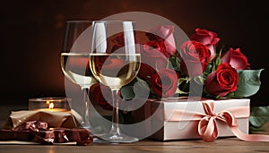 Romantic celebration love, wine, champagne, decoration, candle, flower, drink generated by AI