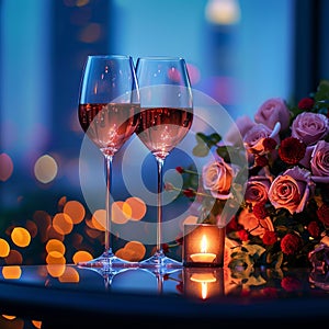 Romantic celebration wine glasses, roses, city lights for anniversary concept