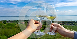 romantic celebratory toast with wine glasses in a Vineyard wine garden at Lake Balaton in Baracsony Hungray with