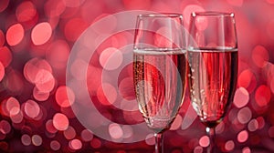 Romantic Champagne Toast for Valentine's Day with Red Shiny Bokeh Lights