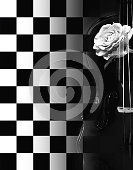 Romantic chessboard with a violin and rose in black and white tonality