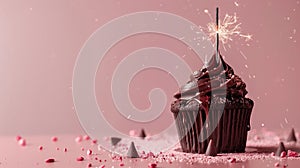 Romantic Chocolate Cupcake with Sparkler on Pink Background