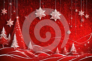 Romantic Christmas background illustration in red and white with trees and snowflakes