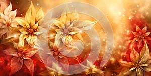 Romantic Christmas background with red and gold poinsettia plants