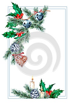 Romantic Christmas composition burning candles, fir branch with blue cones, winter holly with berries, gingerbread.