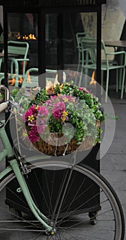 Romantic cityscape, bicycle, flowers and fire