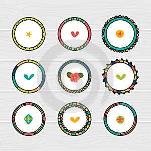 Romantic collection with hand drawn round frames. Doodle ethnic design elements. Decorative floral elements