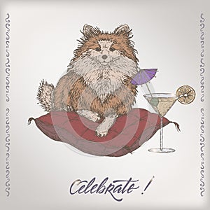 Romantic color vintage birthday card template with calligraphy, dog on a pillow and cocktail glass sketch.