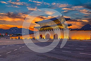 Romantic colorful sunset at the Gyeongbukgung palace,seoul south korea