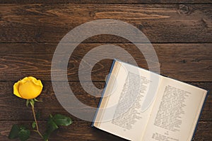 Romantic concept. Open book with poems and rose, on wooden background photo