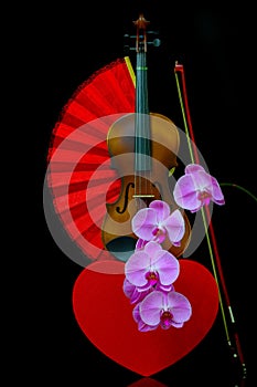 Romantic concept with violin, heart shape gift box, red folding fan and pink orchids 