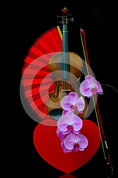 Romantic concept with violin, heart shape gift box, red folding fan and pink orchids