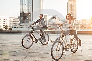 Romantic couple with bicycles in the city