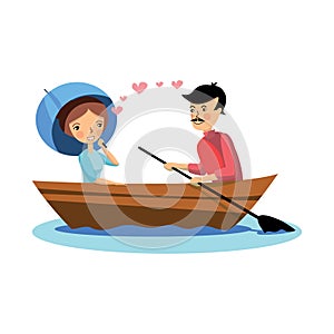 Romantic couple on boat rowing. Woman holding umbrella, man holding wooden paddle. Flat vector design