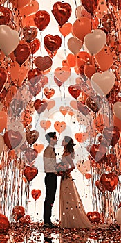 Romantic couple celebrating love with heart-shaped balloons at a wedding. photo