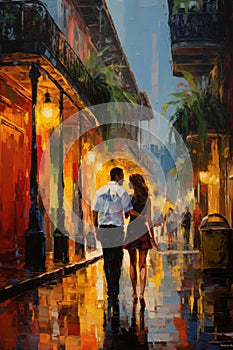 Romantic Couple Embracing in Old French Quarter with Gentle Rain and Vibrant Acrylic Paint Colors