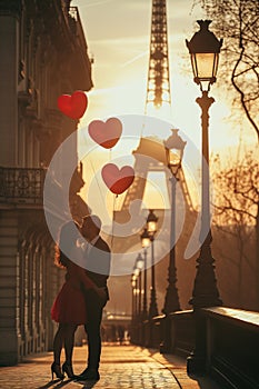 Romantic couple enjoying parisian view with heart-shaped air balloons