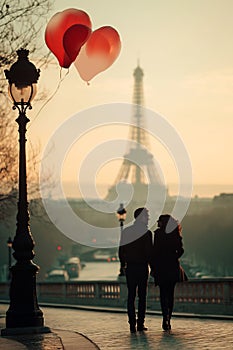 Romantic couple enjoying parisian view with heart-shaped air balloons