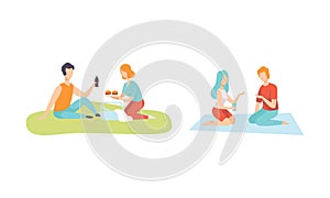 Romantic Couple Enjoying Picnic in Nature Sitting on Blanket and Eating Vector Set