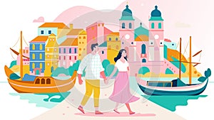 Romantic Couple Enjoying Scenic Venice with Gondolas and Architecture photo