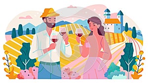 Romantic Couple Enjoying Wine in Picturesque Vineyard Landscape