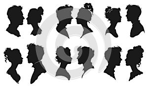 Romantic couple faces silhouettes. Young man and woman profile heads isolated on white background, manly male and