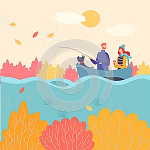 Romantic couple fishing boat in autumn, vector illustration